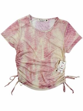 Cloud Dancer‎ Y2K Ruched Mesh Top Women Large Pink Tie Dye Short Sleeve Sheer